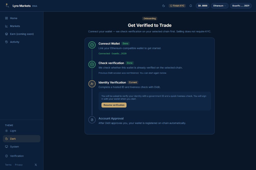 Onboarding with Finish KYC in the header and Resume verification on the identity step