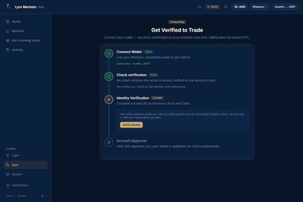 Onboarding after wallet connect: Connect Wallet and Check verification done, Identity Verification current with Verify Identity